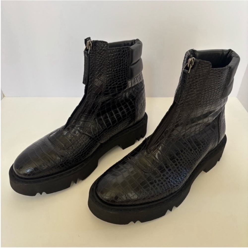 Aquatalia Combat Weatherproof Boots Moto Croc Embossed Leather Black Size 10.5 - Picture 2 of 16